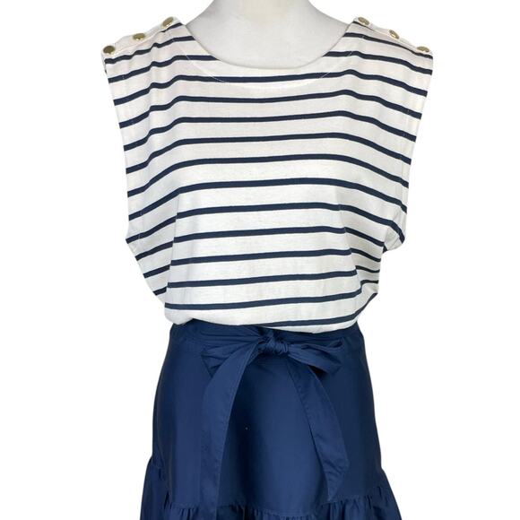 Veronica Beard NWT Pazila Mixed Media Navy Cream Stripe Tiered Midi Dress - Picture 7 of 16